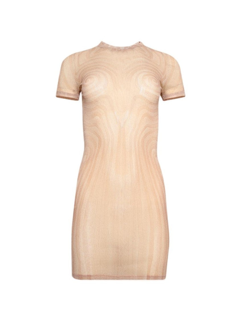 Jean Paul Gaultier Sheer Mesh Spiral Print Dress Pale Pink