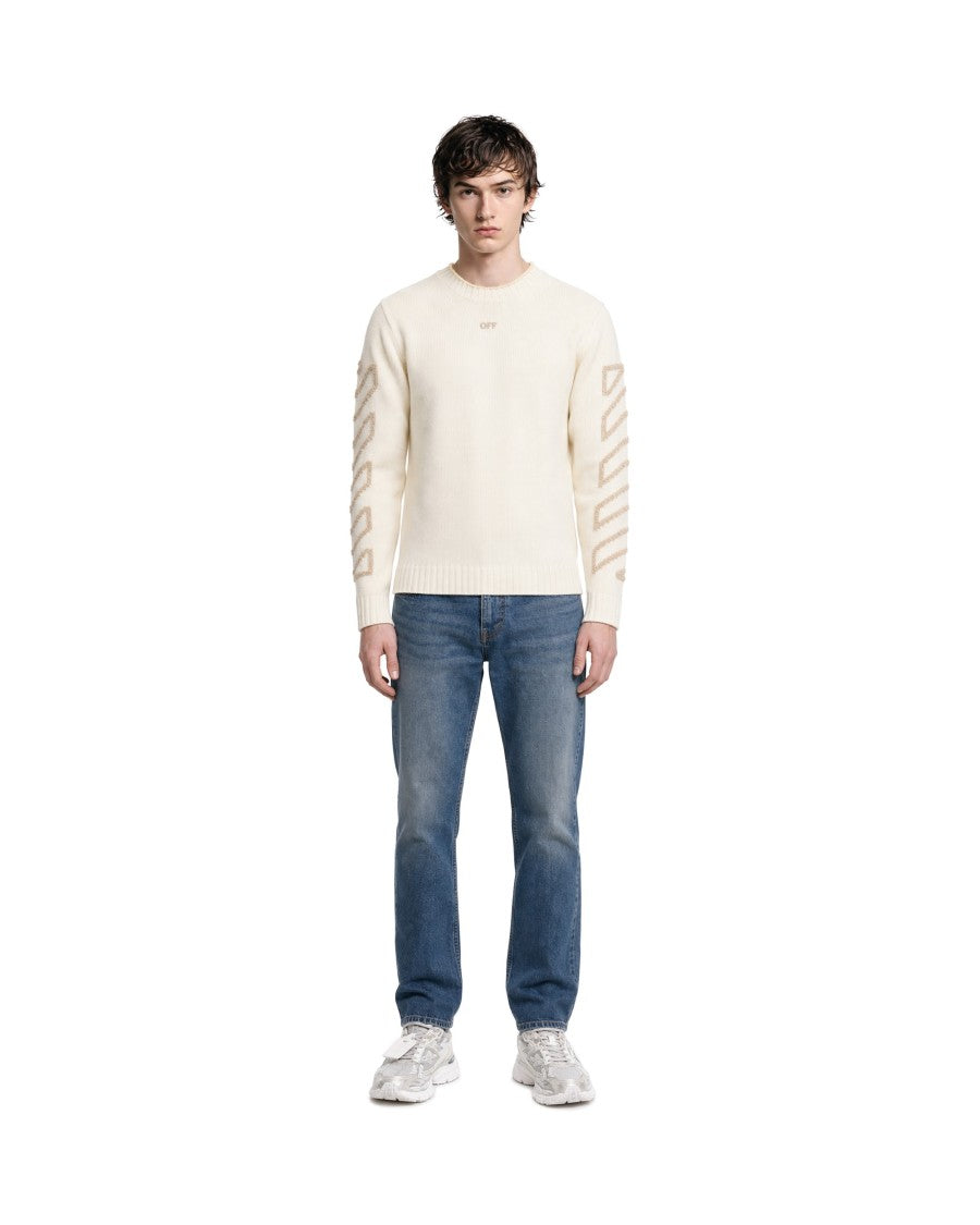 Off-White Cream Embroidered Crewneck Knit Sweater