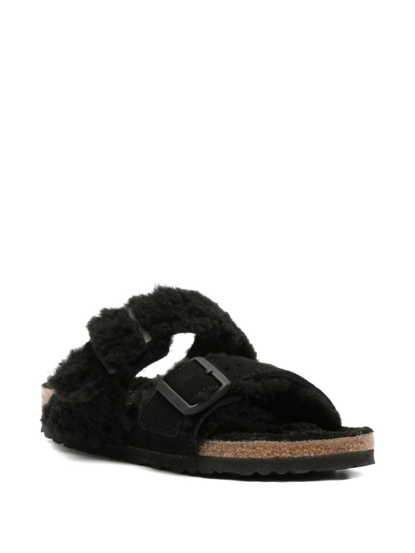 Birkenstock Plush Black Shearling Sandals With Adjustable Buckle
