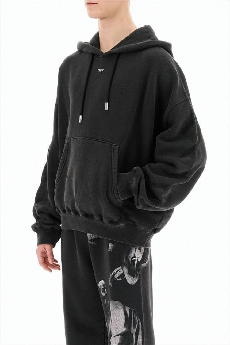 Off-White Cropped Black Hoodie With Embossed Detailing And Graphic Print