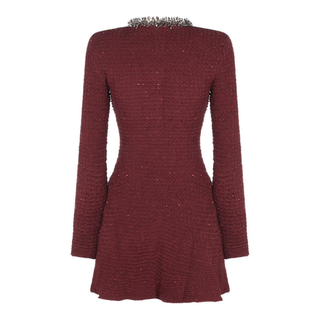 Self-Portrait Burgundy Silver Embellished Tweed Flared Dress