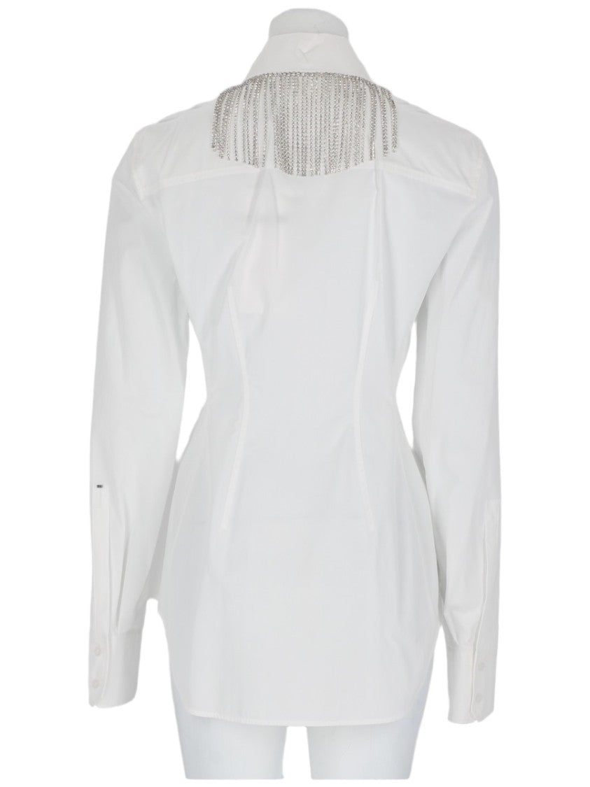 Sportmax Tailored White Shirt With Jewel-Embellished Collar And Silver Fringe