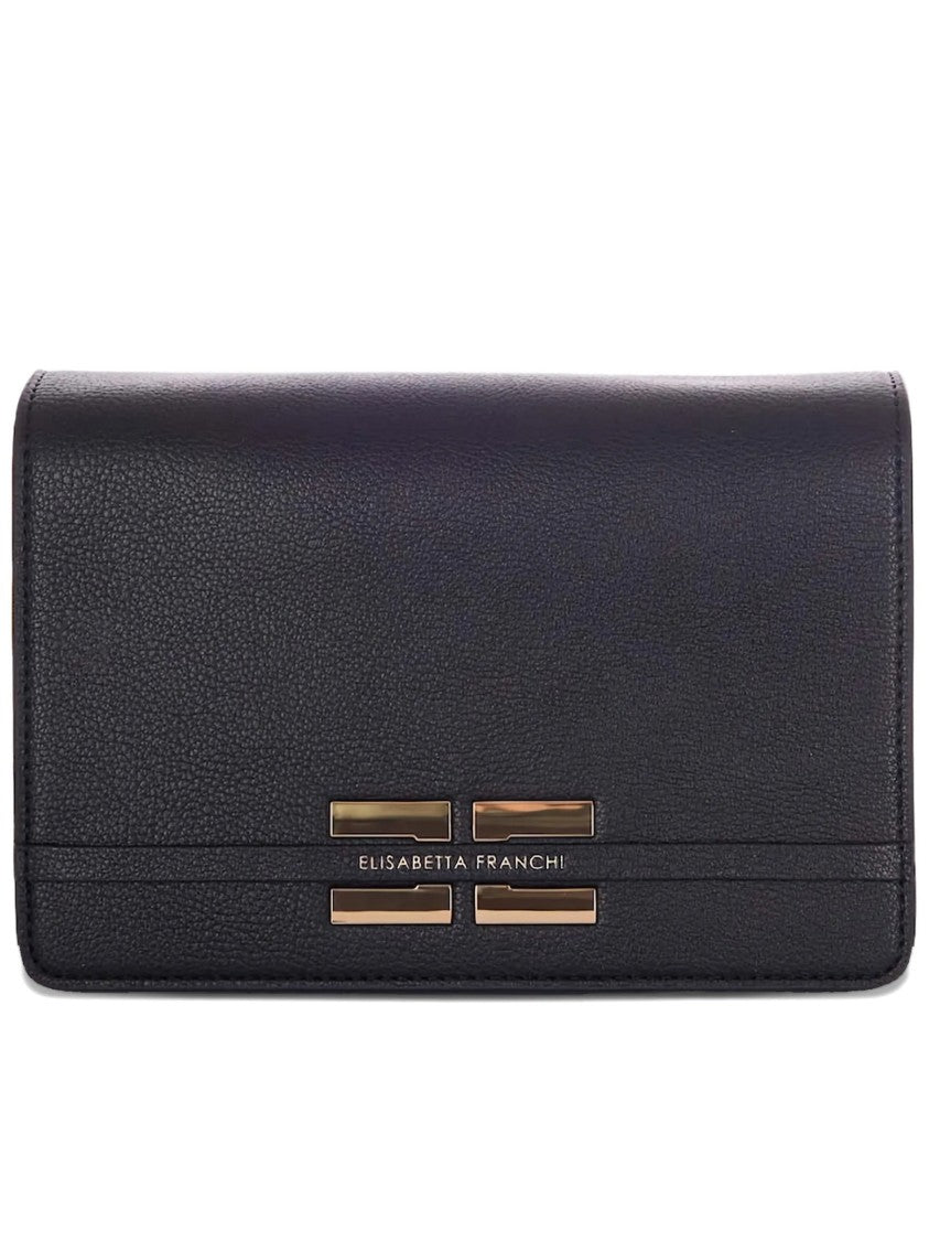 Elisabetta Franchi Rectangular Black Textured Gold Chain Clutch