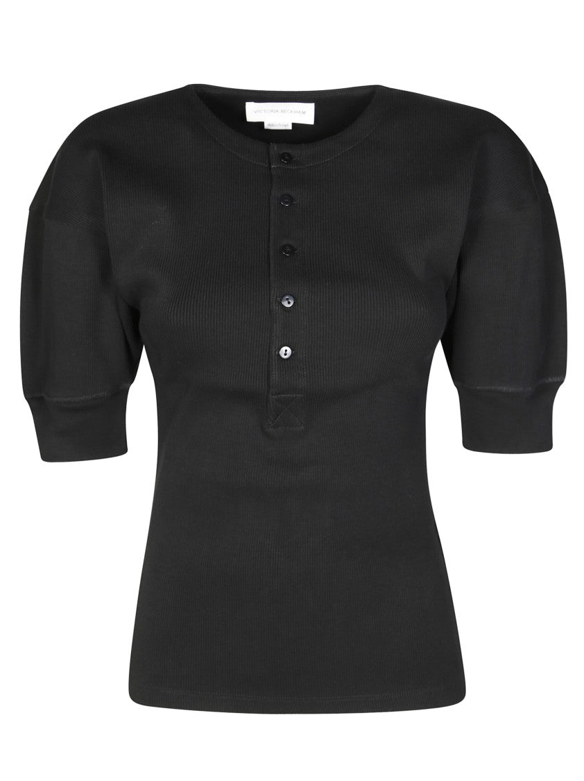 Victoria Beckham Buttoned Placket Henley Top With Fitted Silhouette