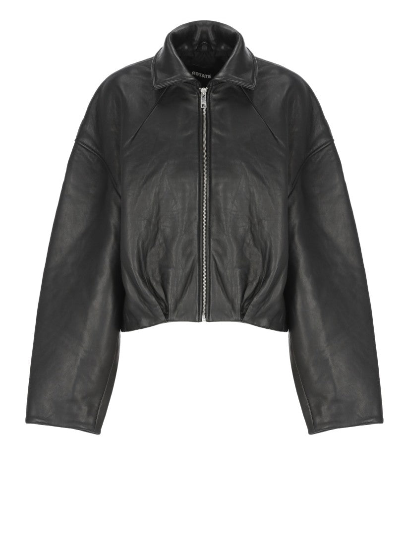 Rotate Cropped Leather Jacket With Front Zip