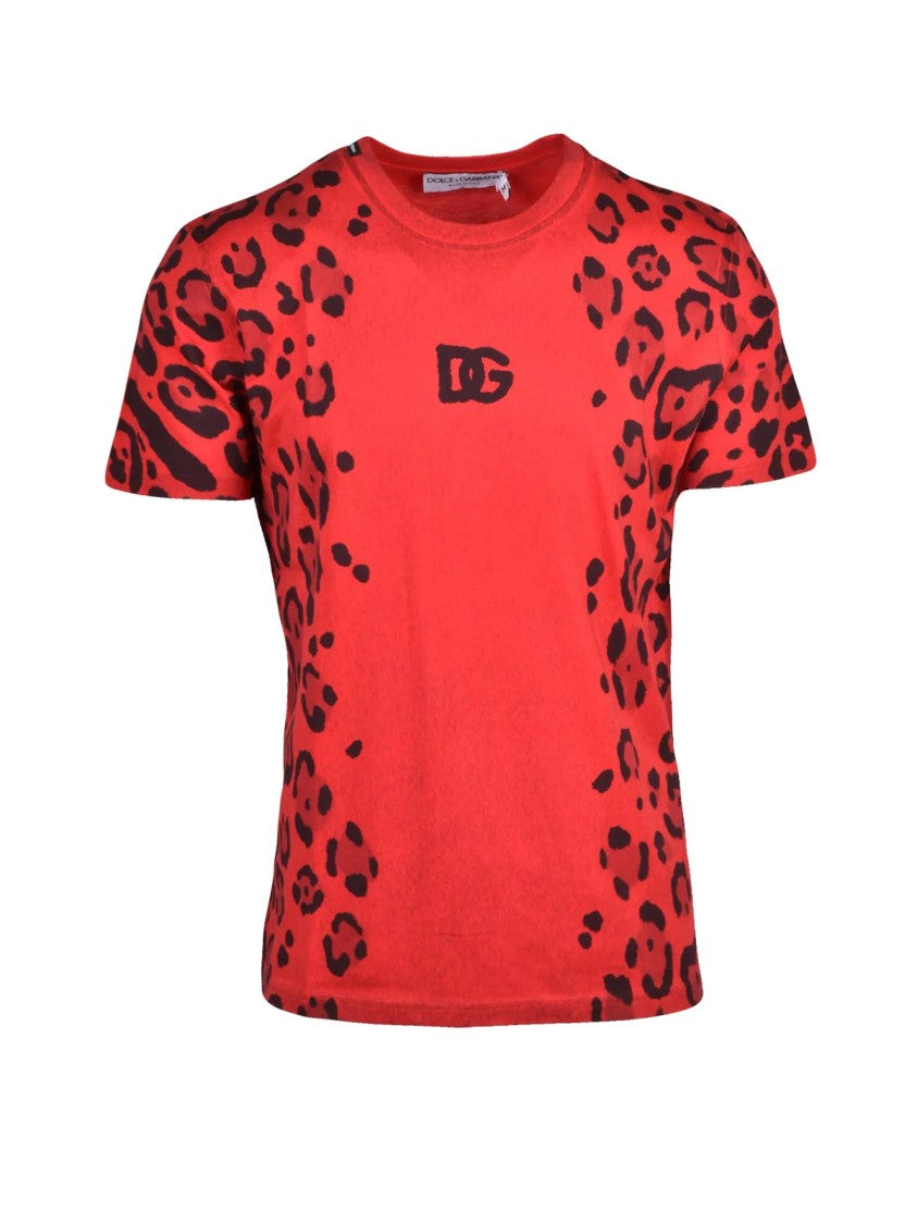 Dolce & Gabbana Red Black Leopard Print Detail Cotton T-Shirt