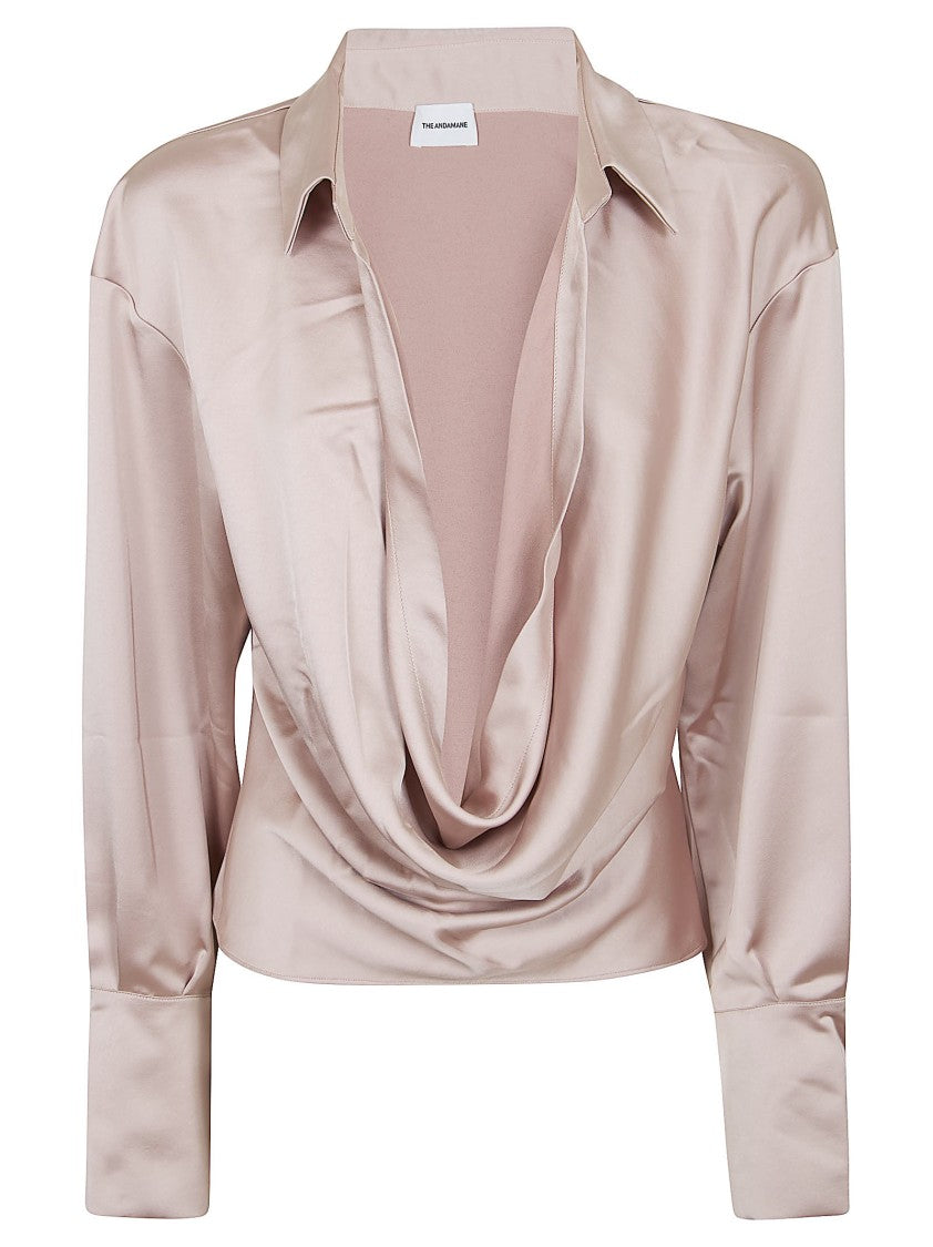 The Andamane Deep V-Neck Satin Blouse With Extended Cuffs