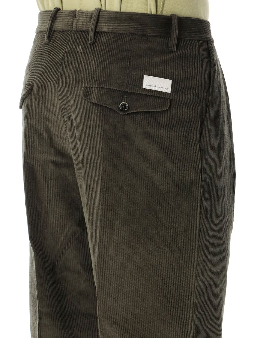 Nine In The Morning Kai Olive Green Corduroy Pleated Straight-Leg Casual Pants