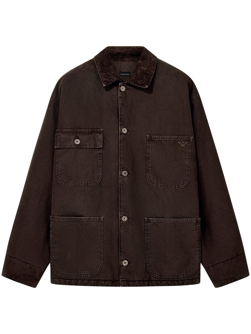 Emporio Armani Boxy Brown Coat With Corduroy Collar And Utility Pockets