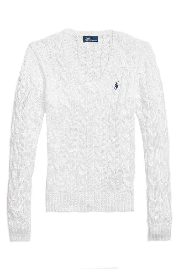 Polo Ralph Lauren White Cable-Knit Embroidered Pony Logo Cotton Sweater