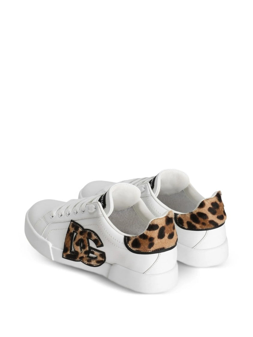 Dolce & Gabbana White Low-Top Leopard Print Accent Sneakers