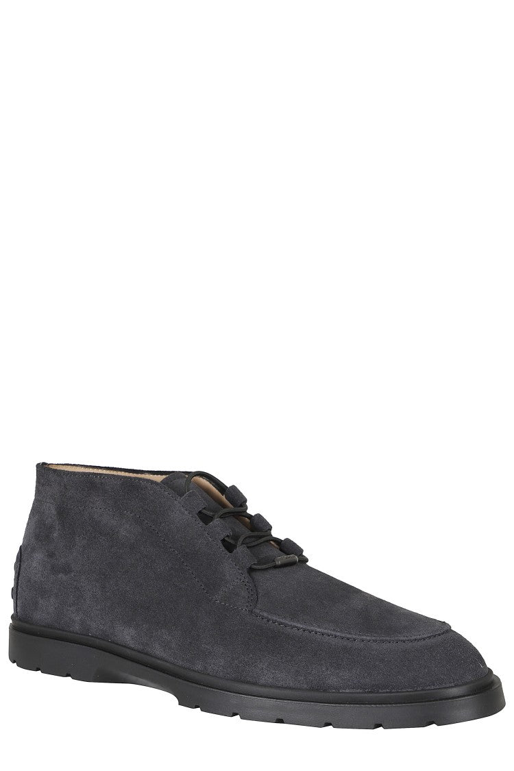 Tod's Blue Calf-High Laces Suede Rubber Sole Ankle Boots