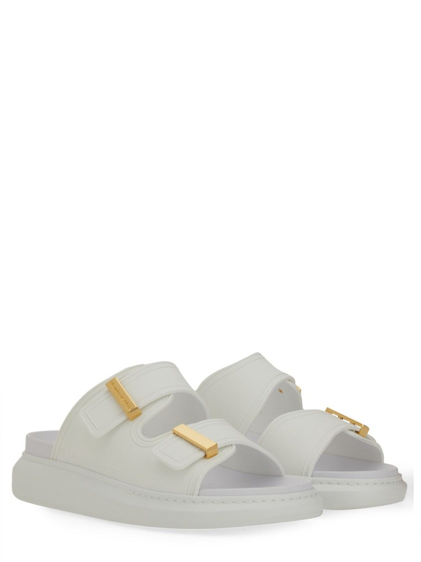 Alexander Mcqueen Gold Oversized Buckles Slide Sandals