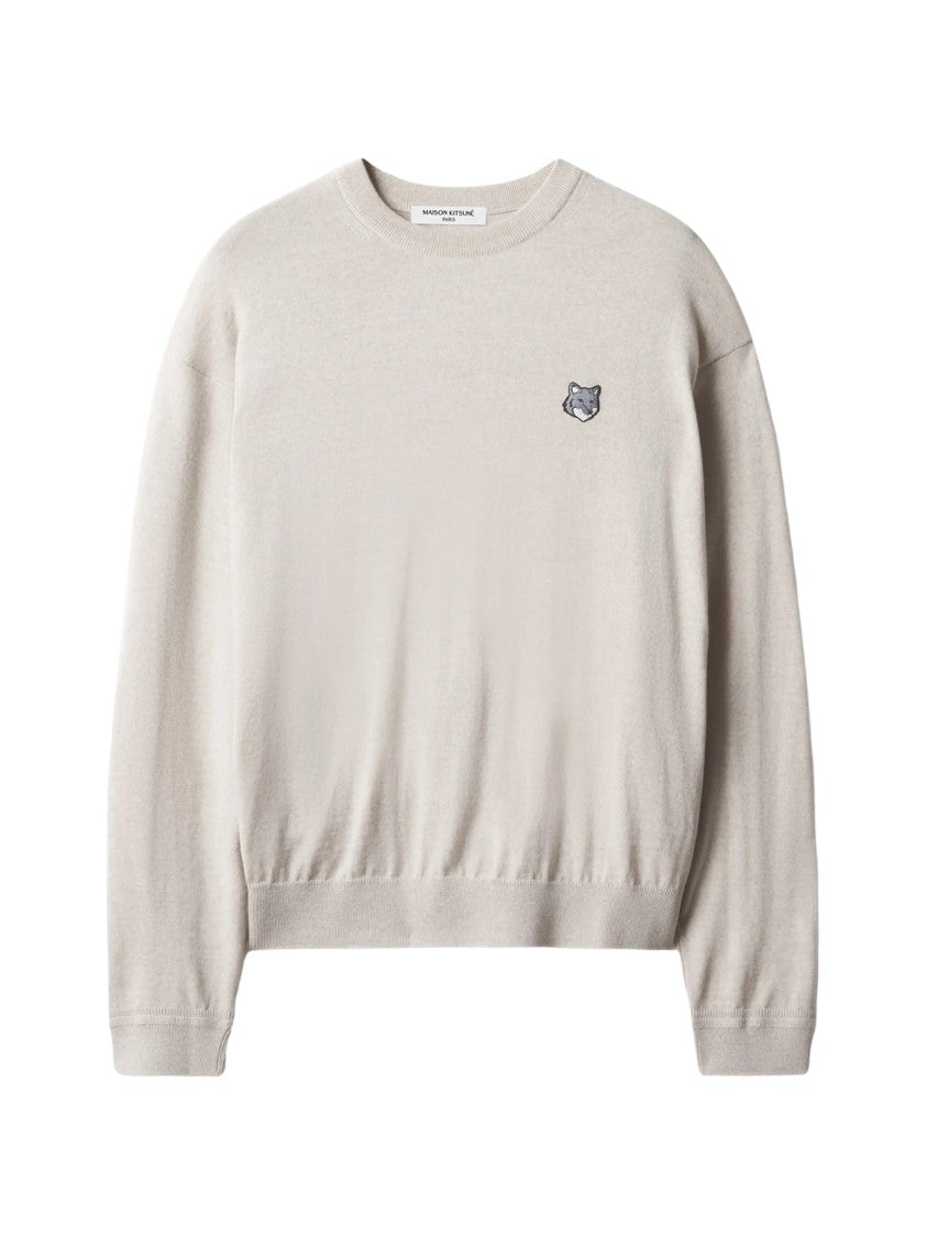 Maison Kitsuné Minimalist Light Beige Knit Sweater With Logo Patch