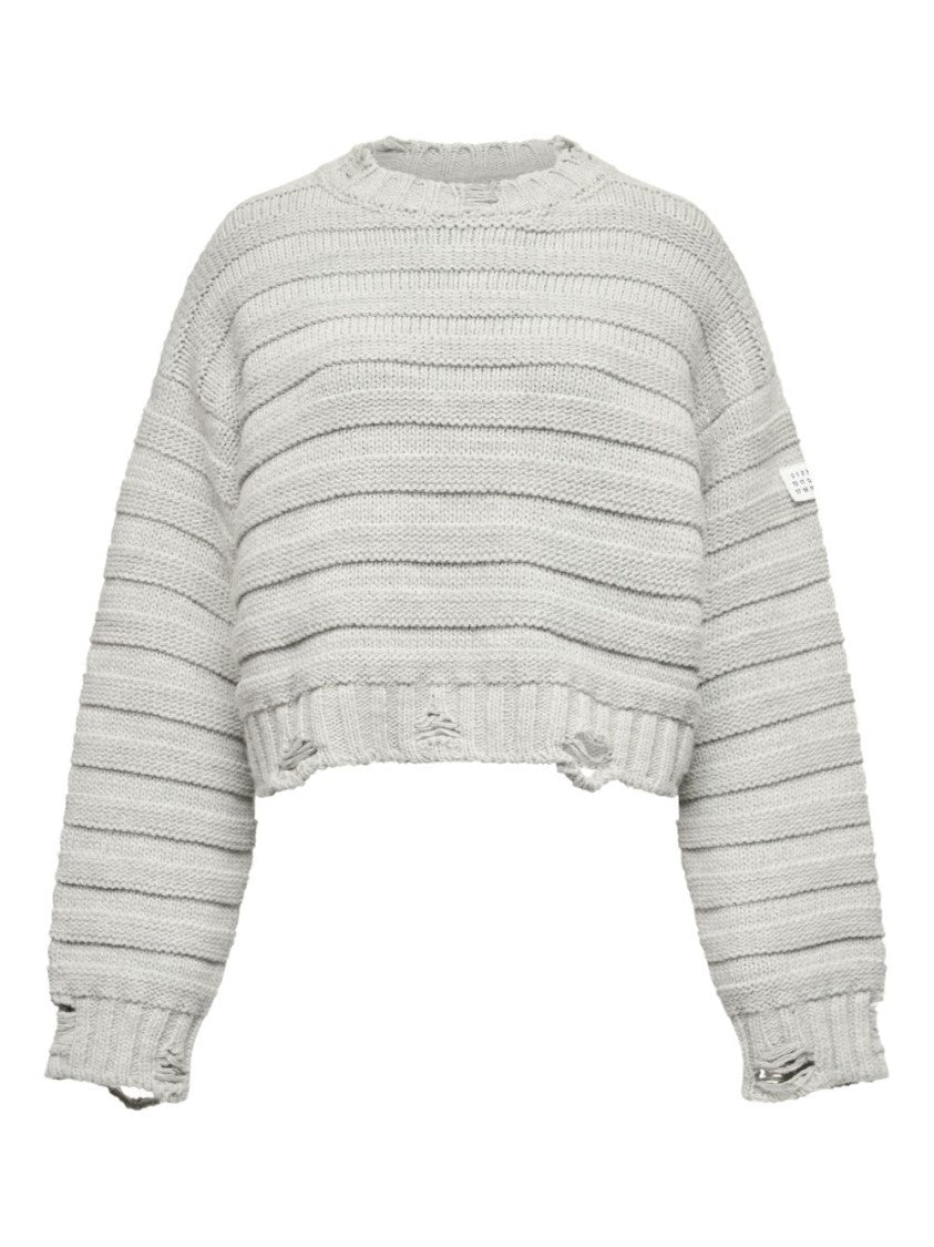 Mm6 By Maison Margiela Cropped Grey Sweater With Ribbed Knit