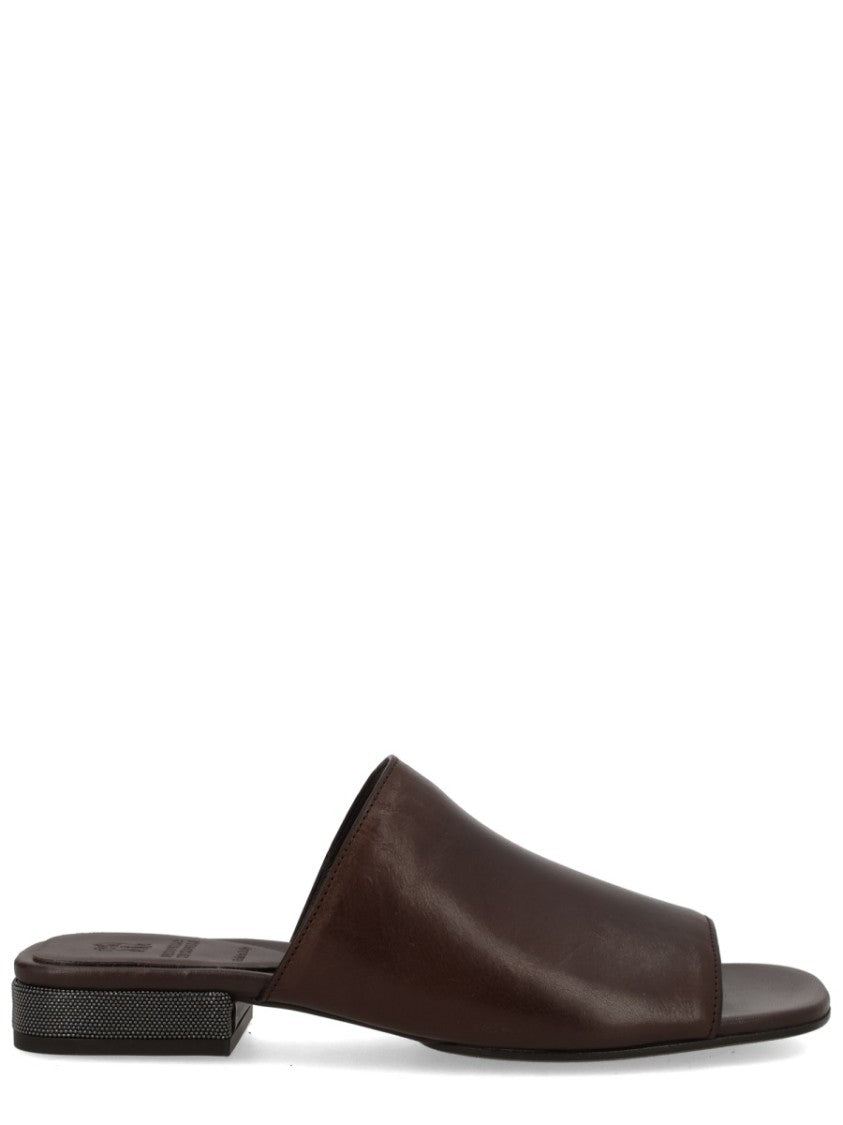 Brunello Cucinelli Brown Block-Heel Calf Leather Sandals