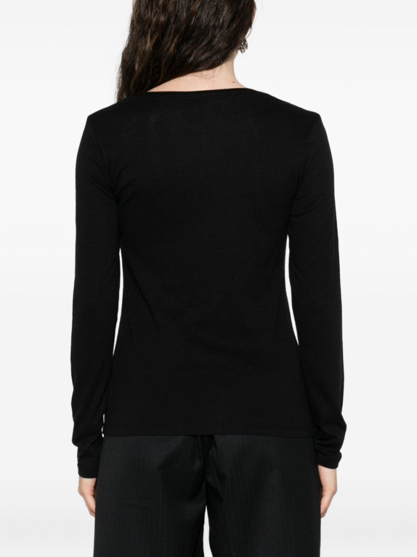 Majestic Filatures Long-Sleeved Black V-Neck Sweater In Cotton-Cashmere Blend