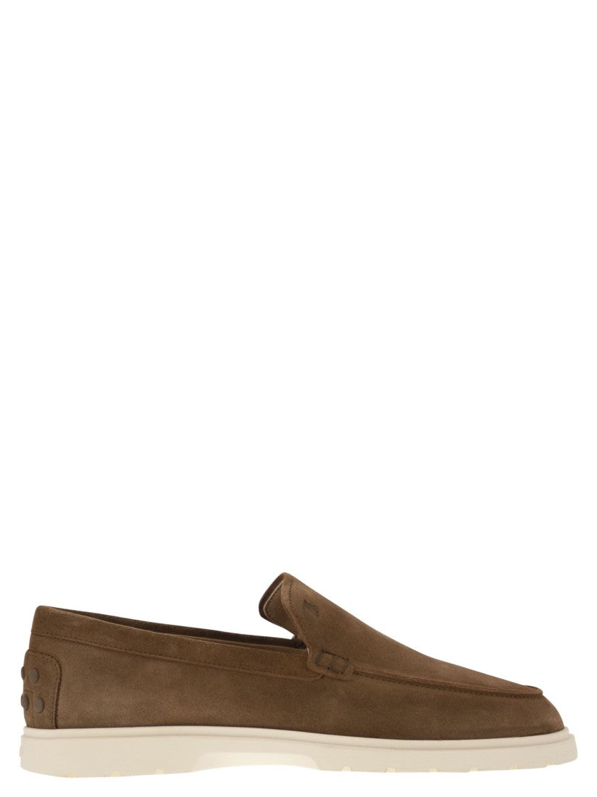 Tod's Brown Suede Moccasin Slipper With Embossed Monogram