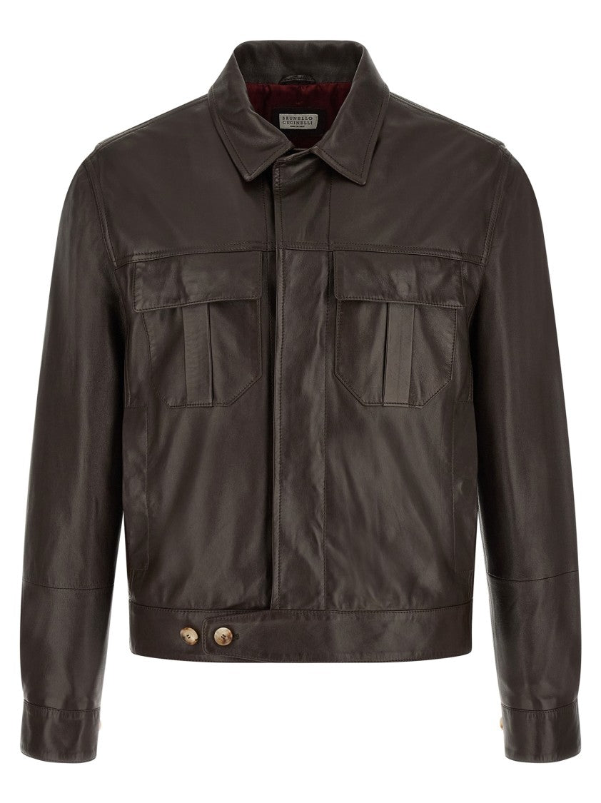 Brunello Cucinelli Structured Brown Nappa Leather Jacket With Classic Shirt Collar