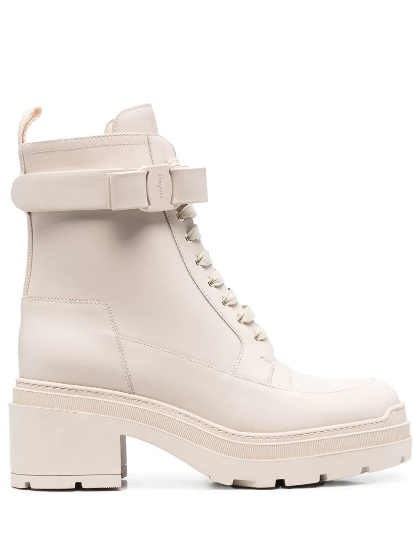 Salvatore Ferragamo White Lober Leather Lace-Up Front Ankle Boots