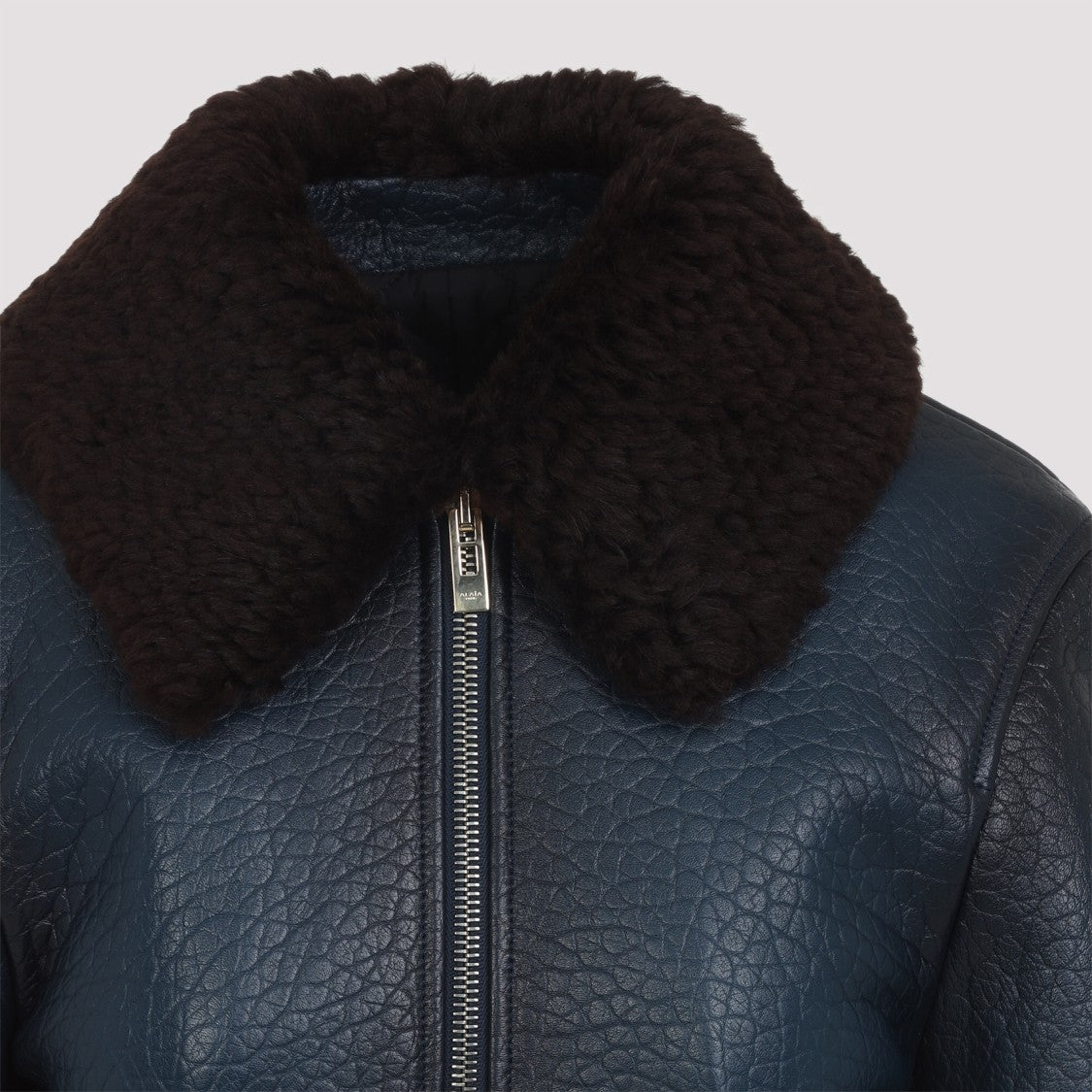 Alaïa Cropped Blue Grained Lamb Leather Aviator Jacket
