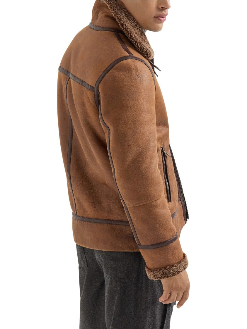 Brunello Cucinelli Brown Shearling Collar Leather Bomber Jacket