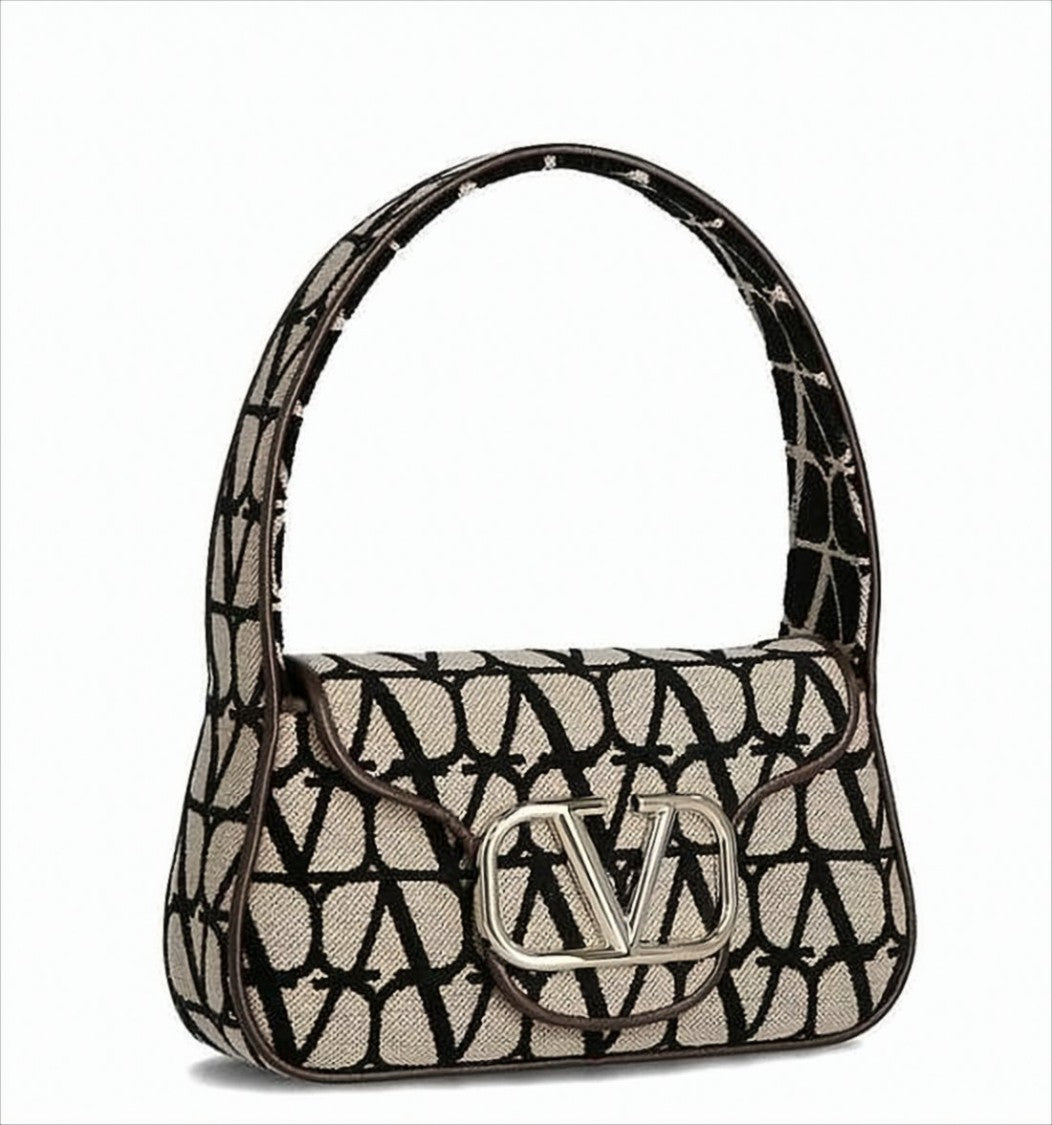 Valentino Garavani Beige Fabric Shoulder Bag With Black Monogram