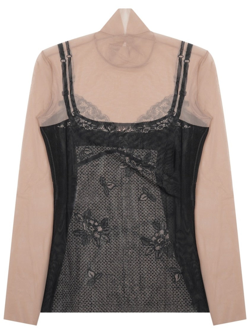 Balenciaga Sheer Long-Sleeve Top With Black Lace Overlay