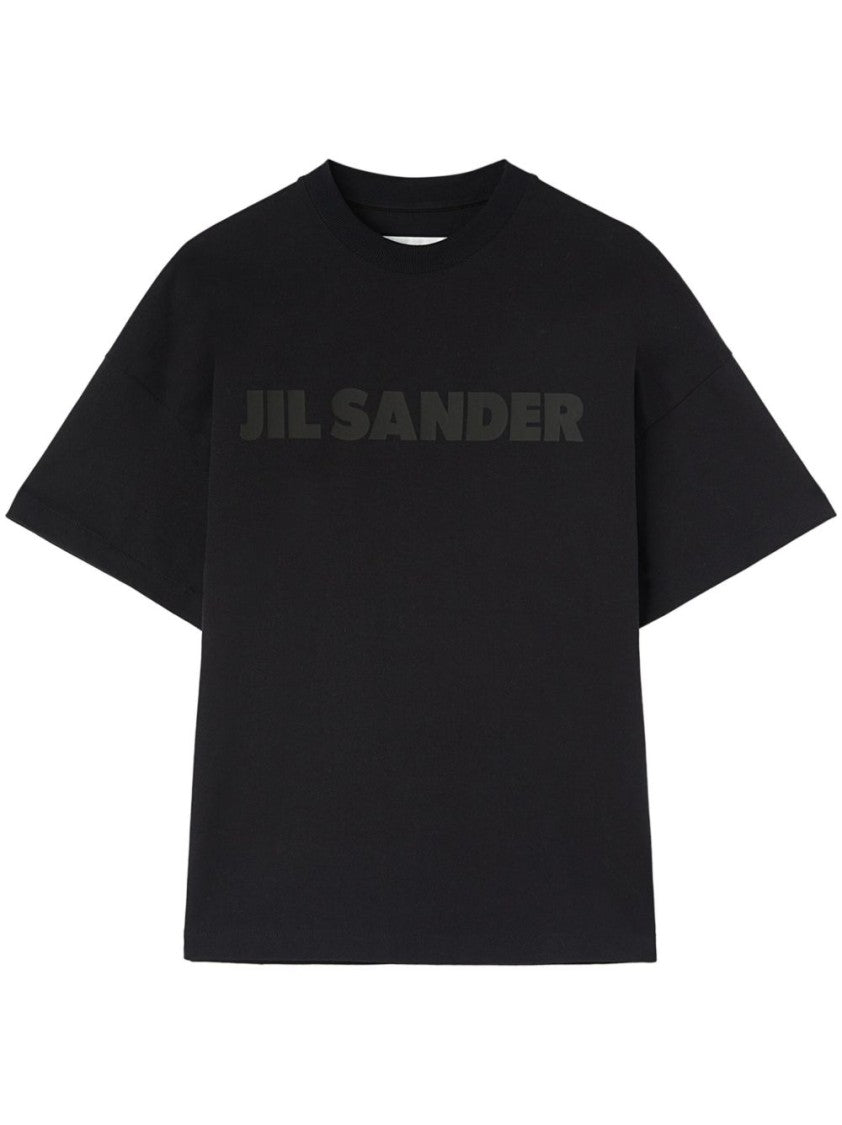Jil Sander Round Neck Black Cotton T-Shirt With Tonal Logo Print