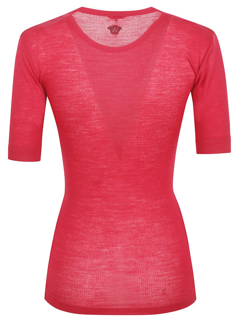 Versace Fitted Ribbed Knit Top With Embroidered Medusa Motif