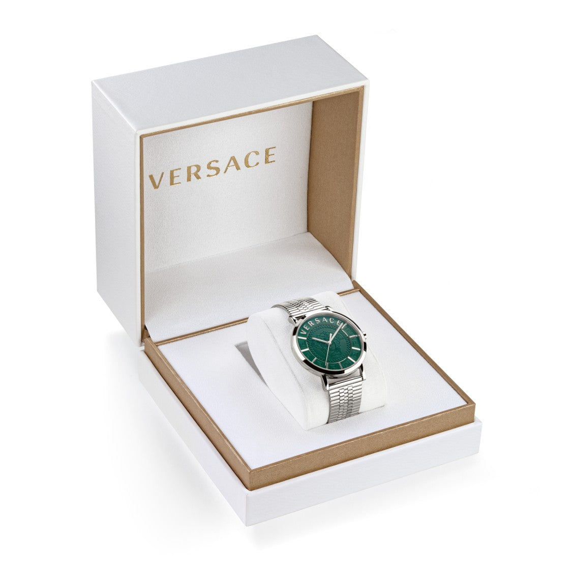 Versace Oval Dial Timepiece With Medusa Embossing And Polished Steel Case