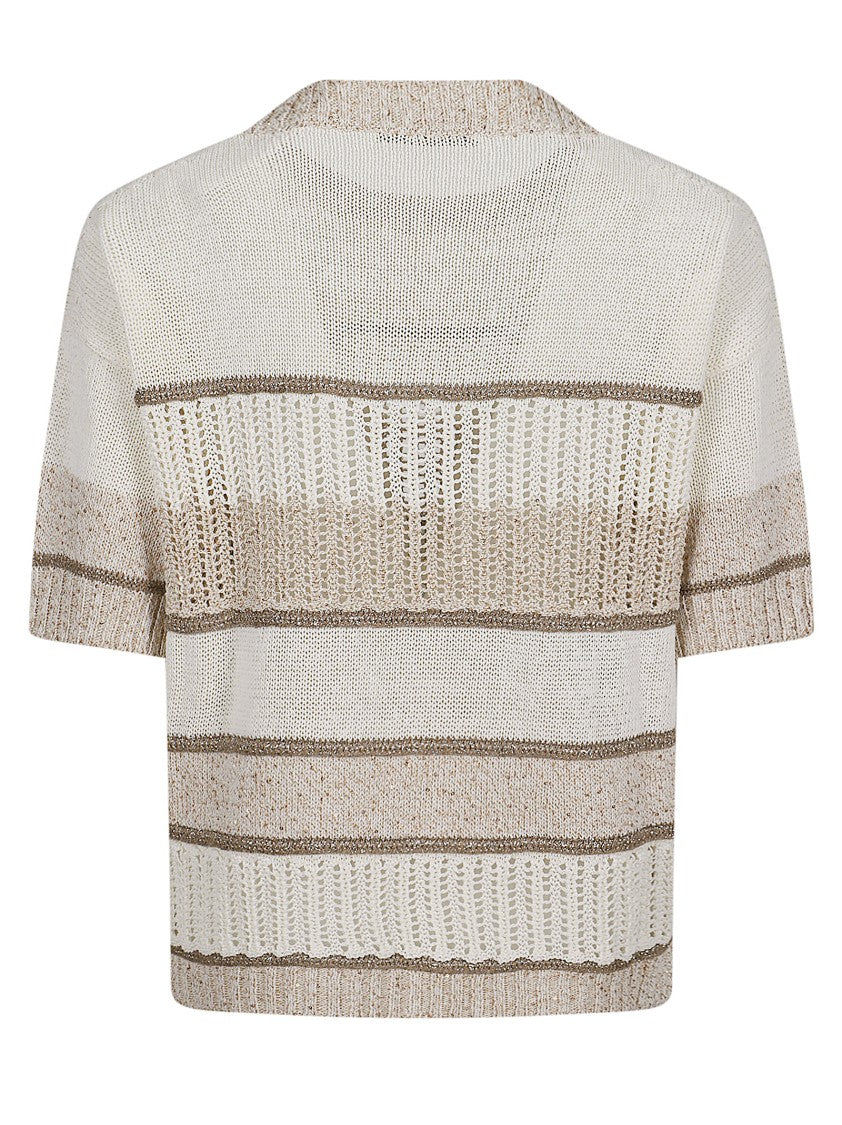 D. Exterior Short-Sleeved Knit Top With Textured Openwork Design