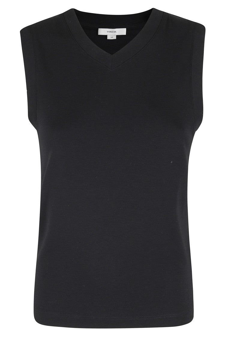 Vince Black High V Shell Ribbed-Trim Cotton-Blend Tank Top