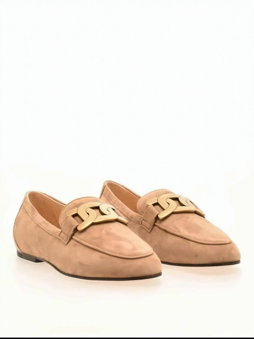Tod's Pointed Toe Suede Loafers With Metallic Chain Detail