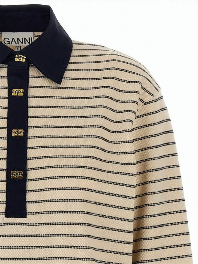 Ganni Boxy Striped Long-Sleeved Top With Gold-Tone Accents