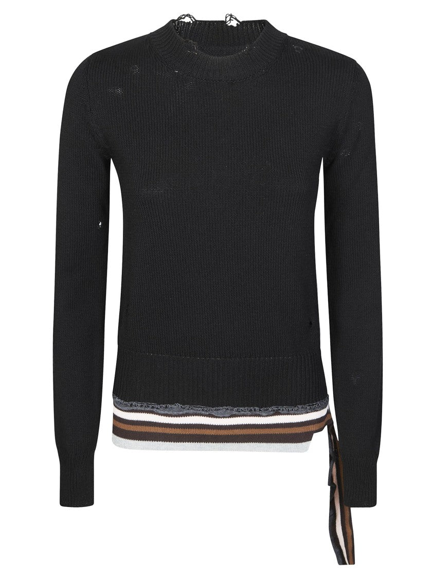 Mm6 By Maison Margiela Black Crew Neck Distressed Ribbed Sweater