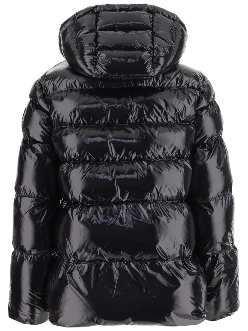 Pinko Shiny Black Puffer Jacket With Horizontal Quilted Padding