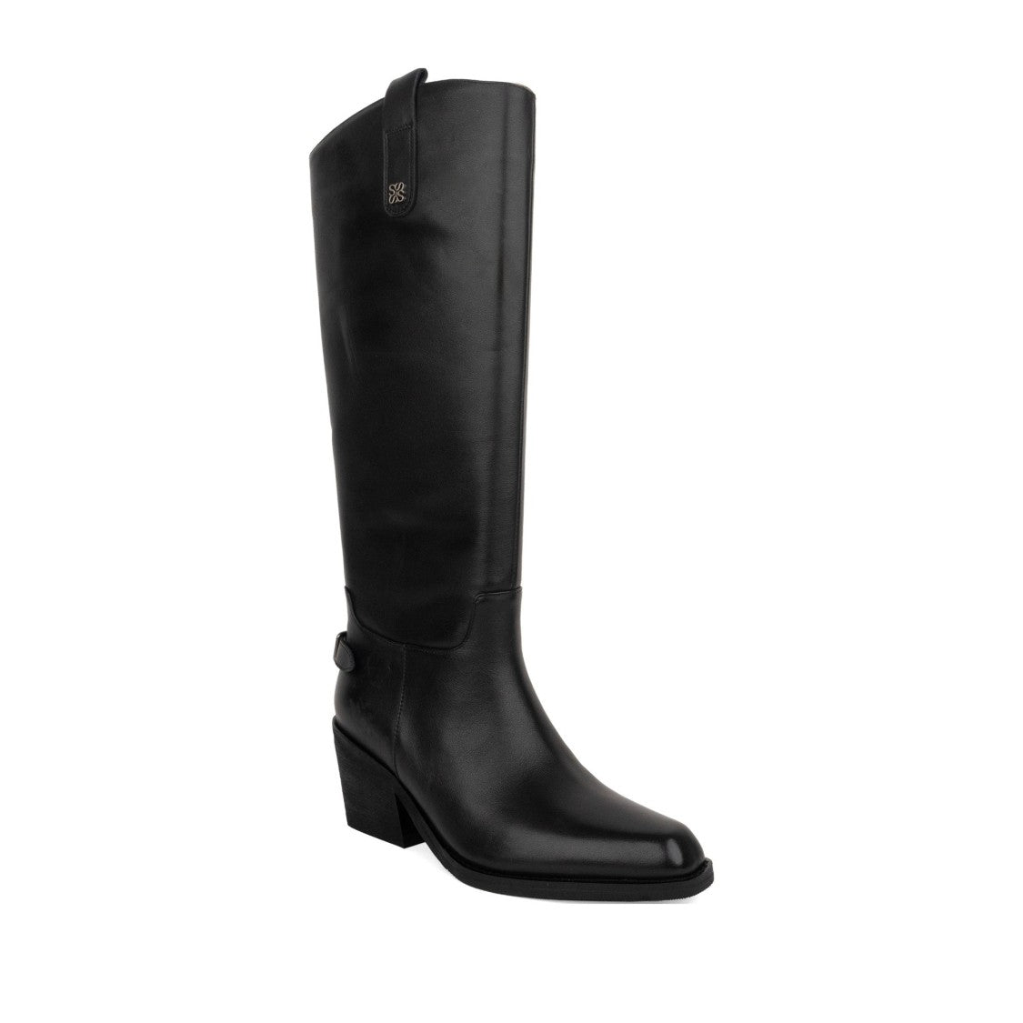 Linda Baumann Black Sleek Decorative Strap Block Heel Tall Leather Boots