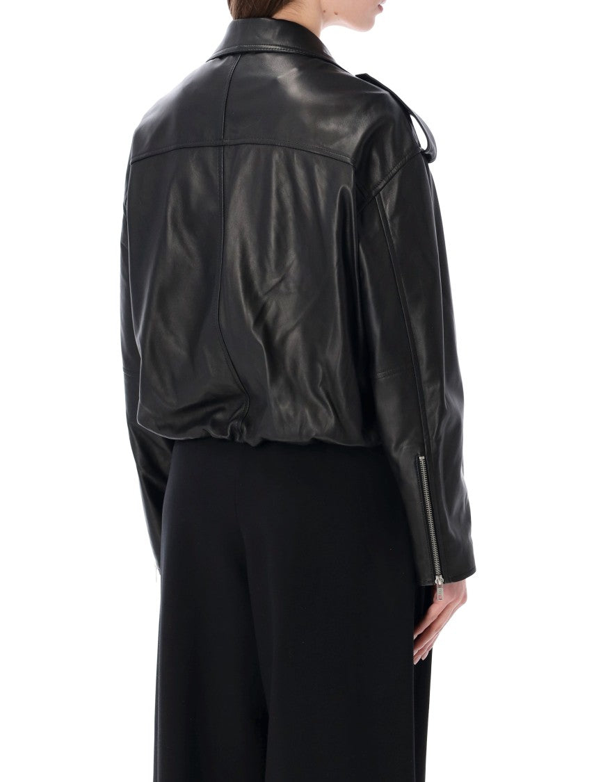 Sword Elastic Hem Leather Bomber Jacket