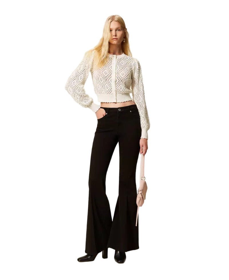 Twin-Set Cotton Punched Diamond Pearl Accent Scalloped Cardigan