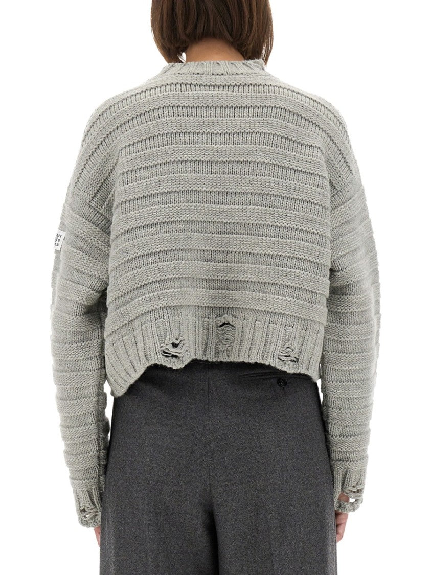 Mm6 By Maison Margiela Cropped Textured Knit Pullover With Distressed Hem