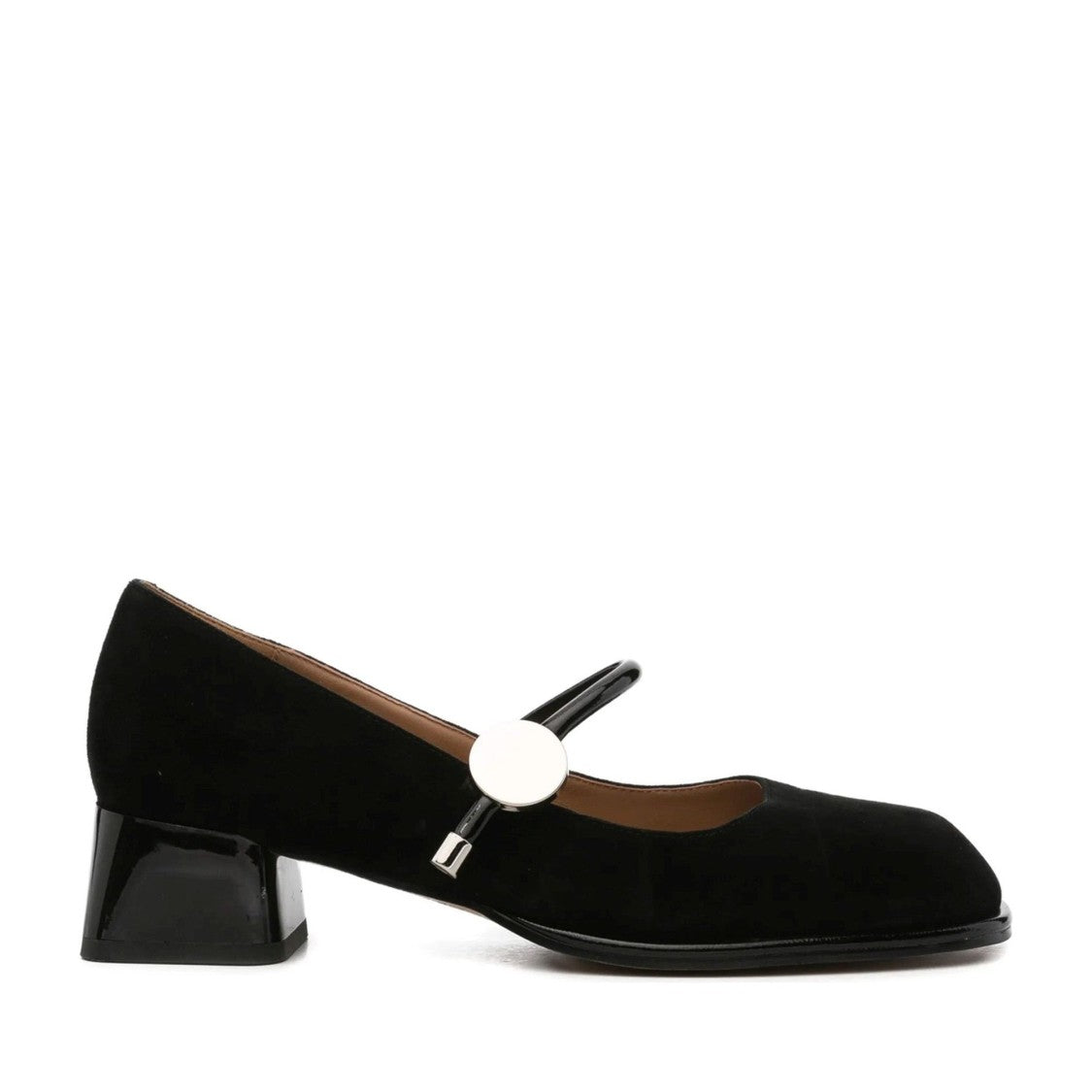 Linda Baumann Black Round Toe Buckle Suede Block-Heel Flats