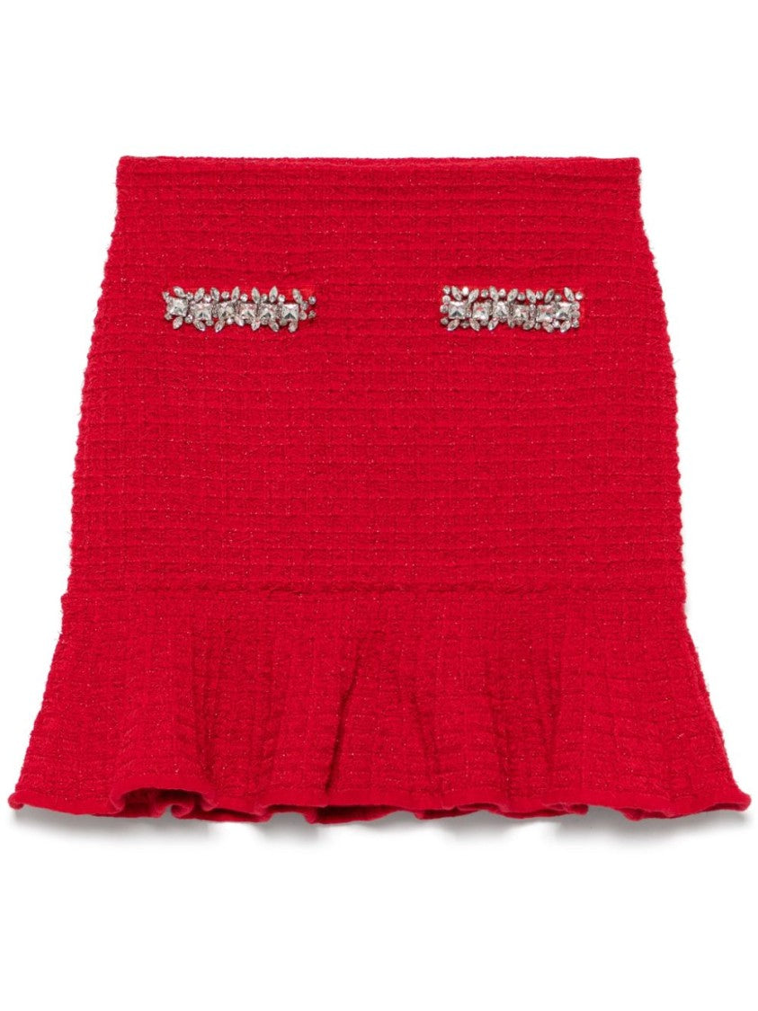 Self-Portrait Textured Flared Red Skirt With Decorative Embellishments