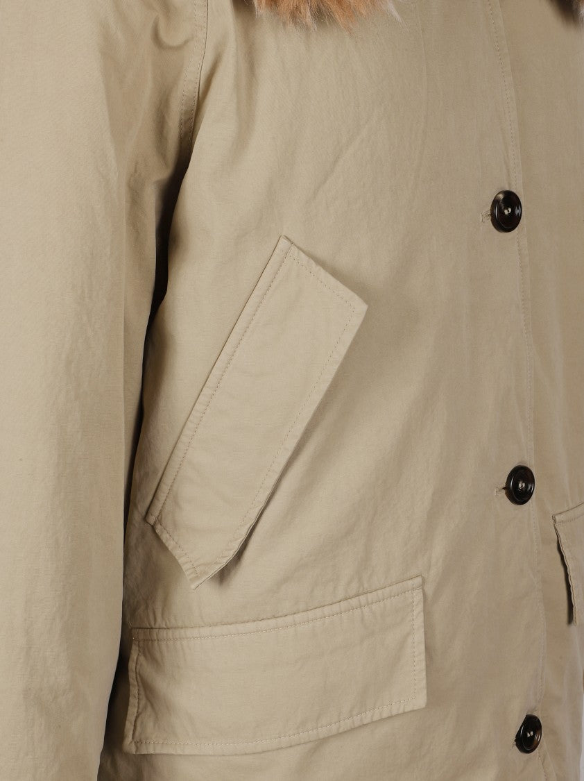 Prada Short Beige Coat With Plush Fur Collar