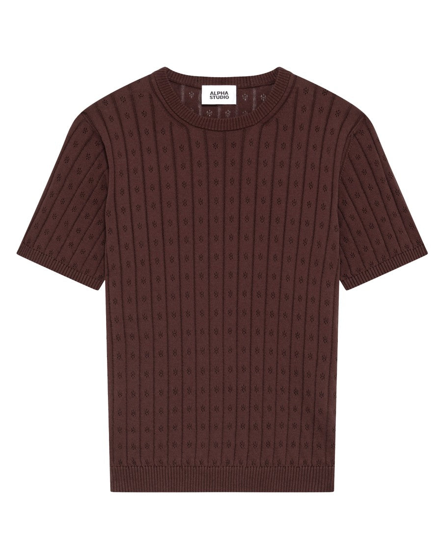 Alpha Studio Openwork Round Neck Knit Top In Soft Cotton
