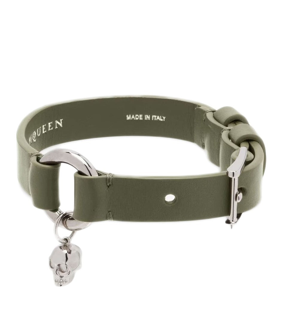 Alexander Mcqueen Skull Ring Leather Bracelet Green