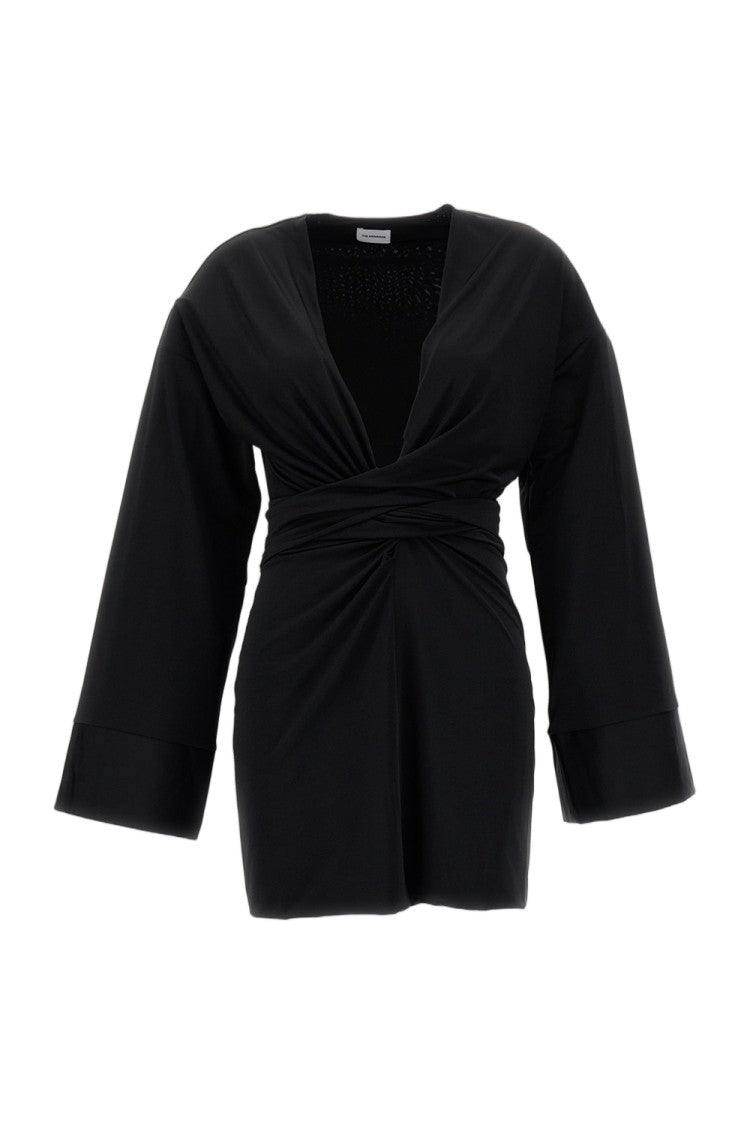 The Andamane Black Hall Fringe Sash Fluid Stretch Mini Dress
