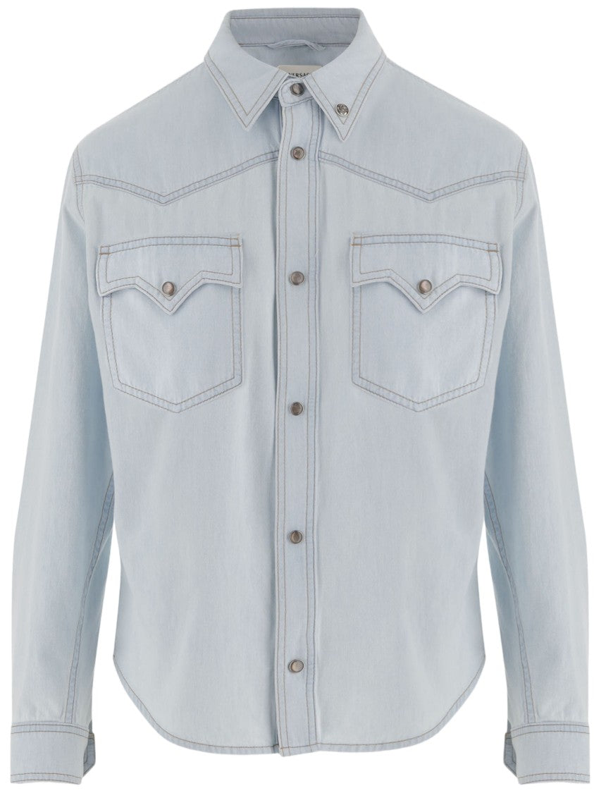 Versace Chambray Denim Shirt With Pointed Collar And Snap Closure