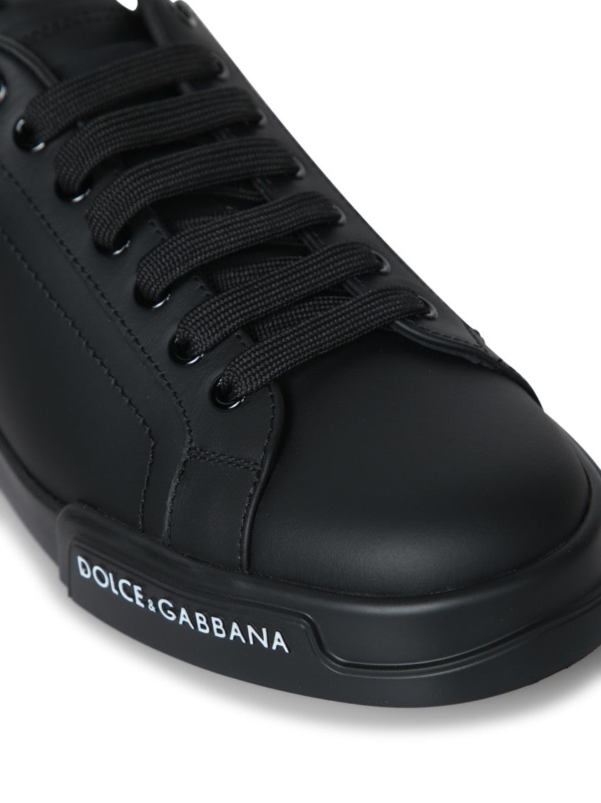 Dolce & Gabbana Smooth Leather Black Sneakers With Lace-Up Front