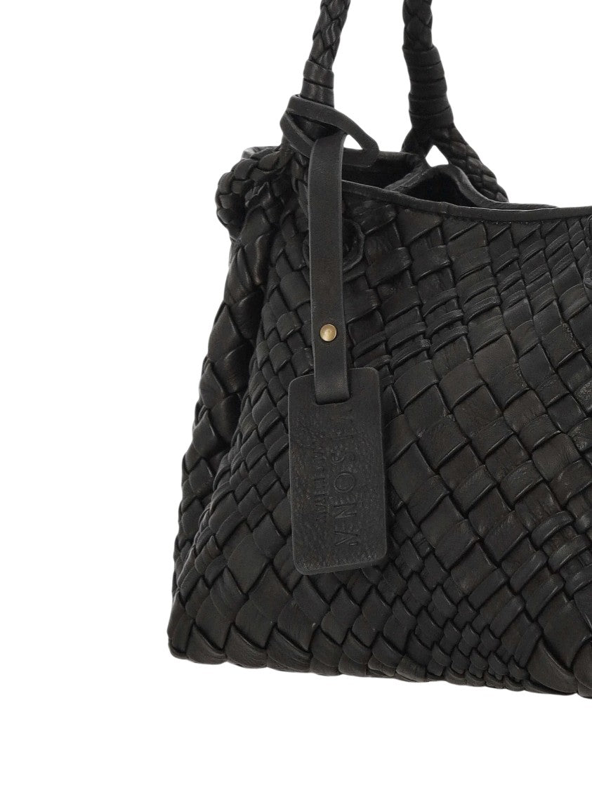 Visona` Woven Black Leather Shoulder Bag With Braided Handles